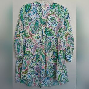Umgee Paisley Green Mixed Colors Blouse Tunic Tiered Hi Low Sz Small